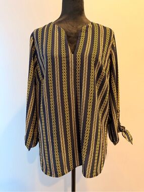 Women’s Navy and Yellow Striped V-Neck Blouse